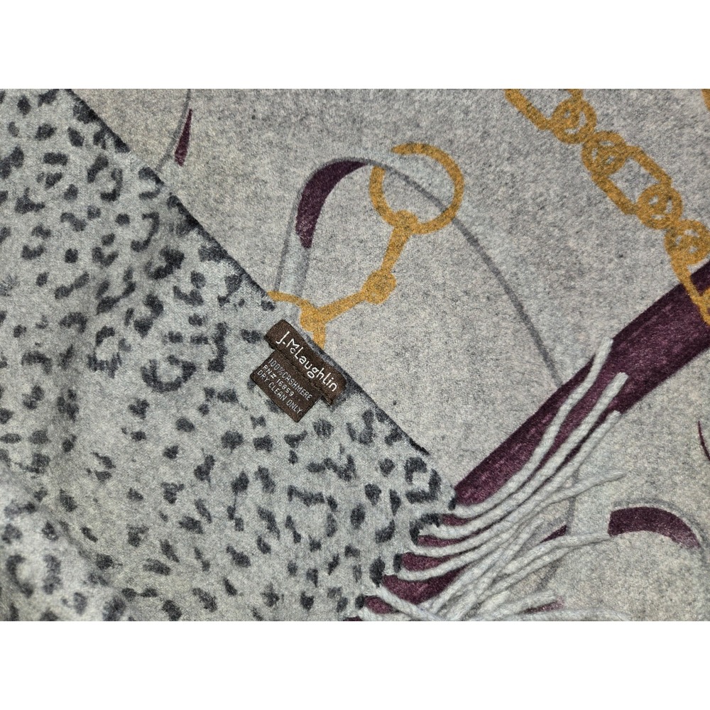 J.McLaughlin Reversible 100% Cashmere Shawl Scarf Equestrian Chain Leopard Grey